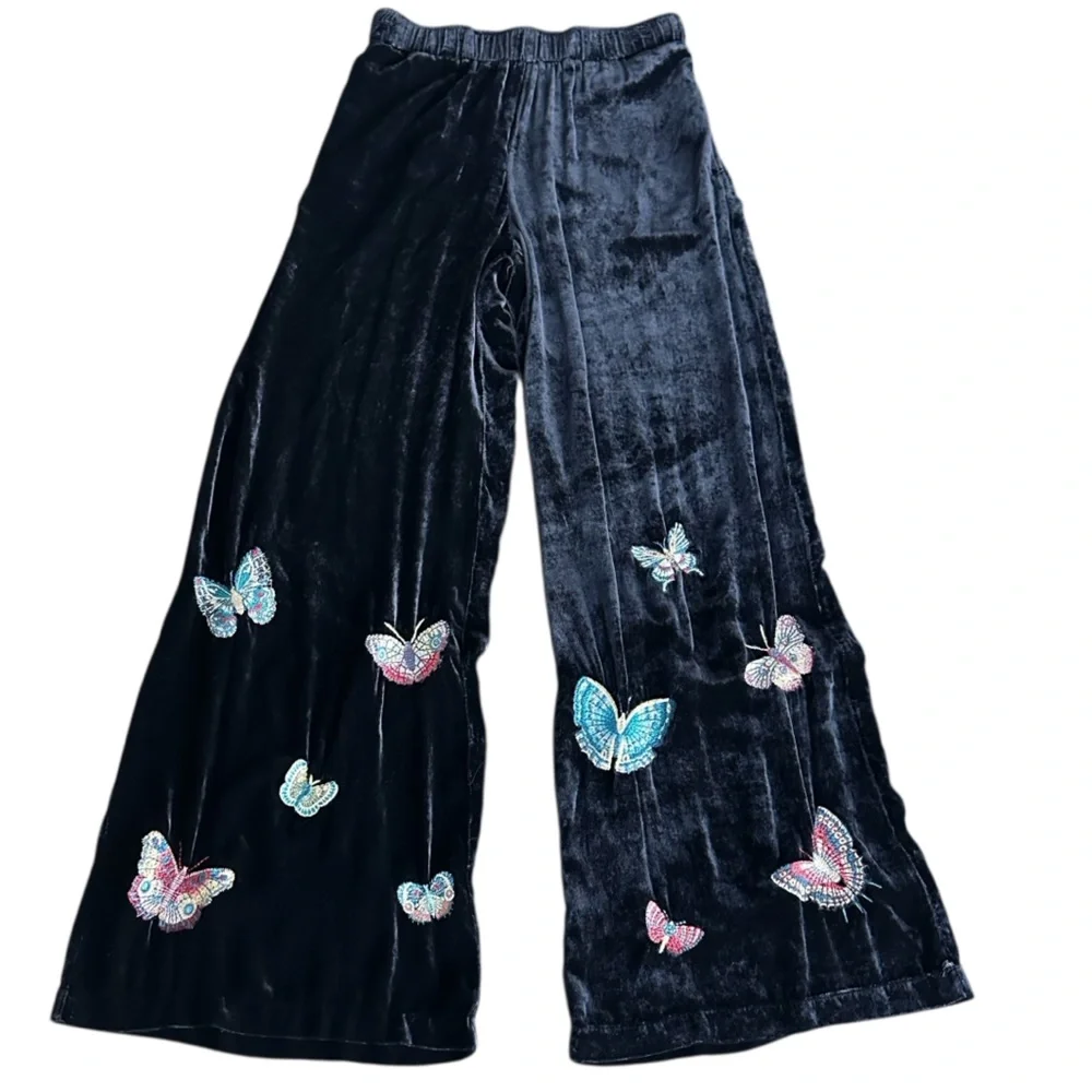 JOHNNY WAS‎ Luciana Seamed Wide Leg Velvet Pant Embroidered Butterflies Size XS
